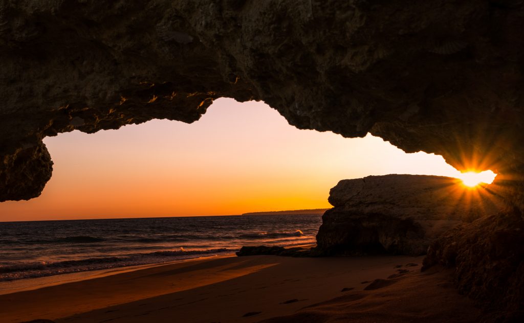 sunset on the beach on the algarve in Winter